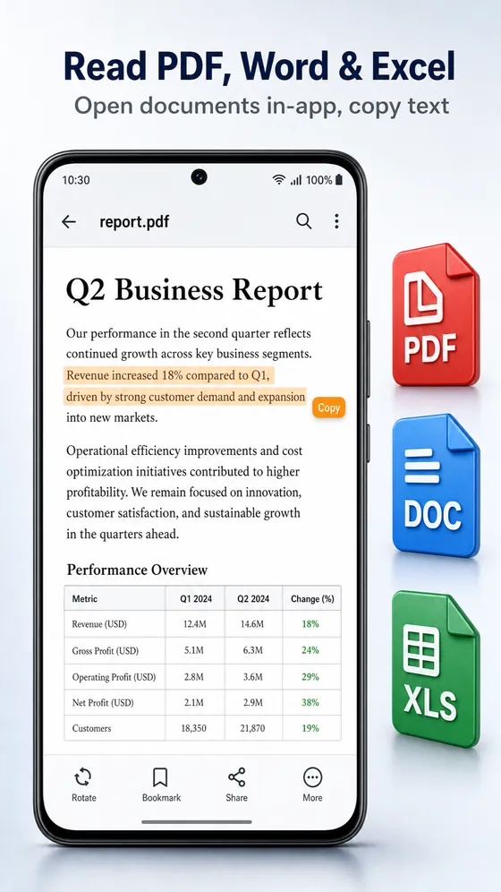 Reading a PDF and copying text in Glenzo File Manager for Android