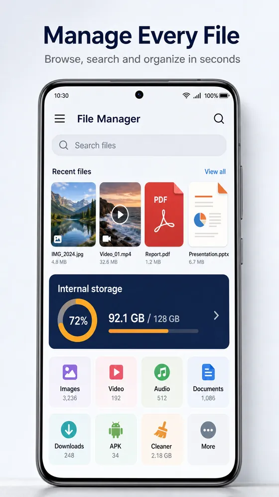 الشاشة الرئيسية في Glenzo File Manager مع البحث والملفات الأخيرة والفئات