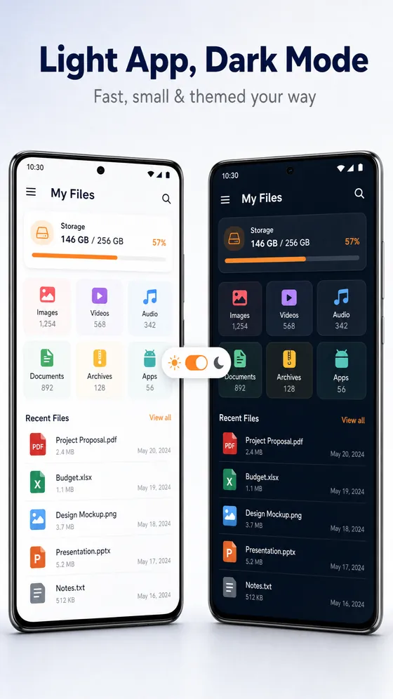 Glenzo File Manager showing storage and file categories on Android