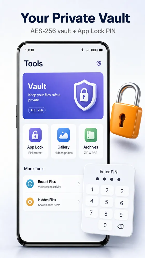 خزنة AES-256 وقفل التطبيقات برمز PIN في Glenzo